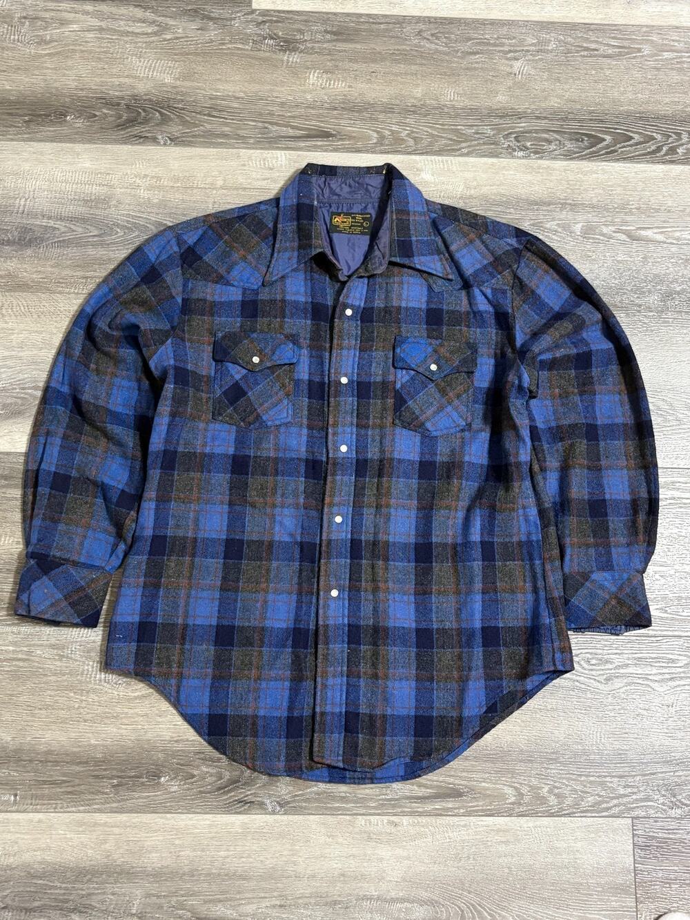 Vintage 1970s Kmart Blue Plaid Wool Flannel Snap On Preppy Western - Men’s Large